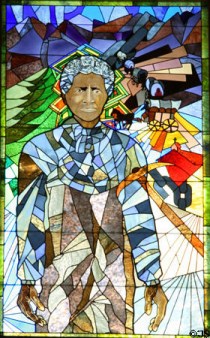 stain glass portrait of Colorado pioneer