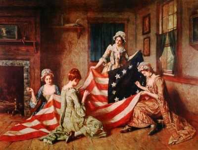Pickersgill sewing the flag with her helpers