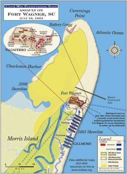 Map of Charleston Defenses At dusk July 18, 1863, General Quincy Adams Gillmore launched an attack on Fort Wagner spearheaded by the 54th Massachusetts Infantry, a black regiment. Members of the brigade scaled the parapet but were driven back with heavy casualties.